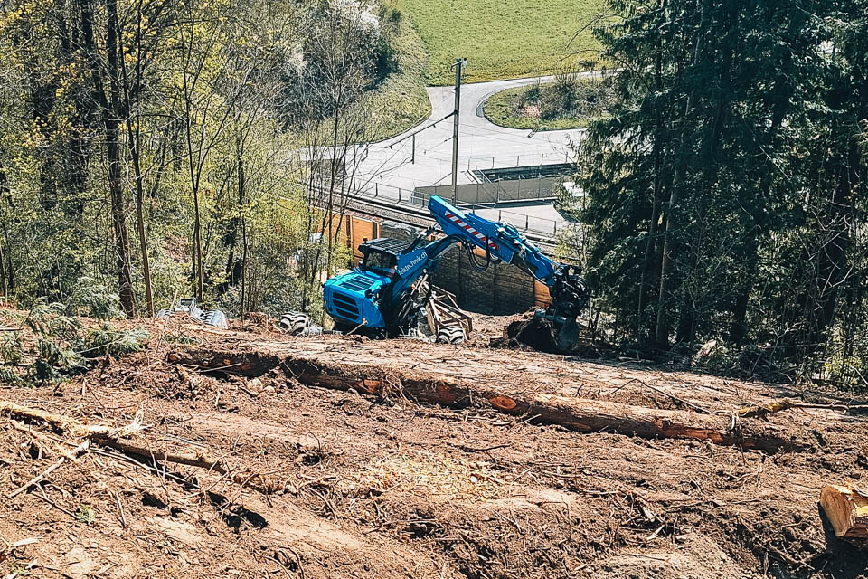 Aushub mit dem Schreitbagger im steilen Hang